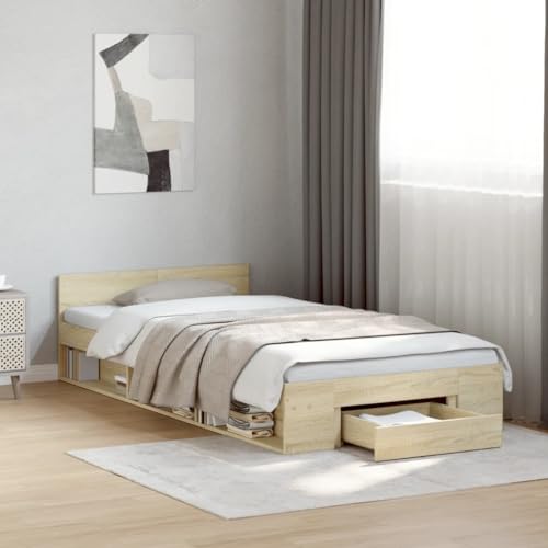 Qnhdfrt Bettgestell mit Schublade Sonoma-Eiche 90x200 cm Modernes Design mit Stauraum Langlebiges Holzwerkstoff und Sperrholz Lattenrost für Schlafzimmer Gästebett von Qnhdfrt