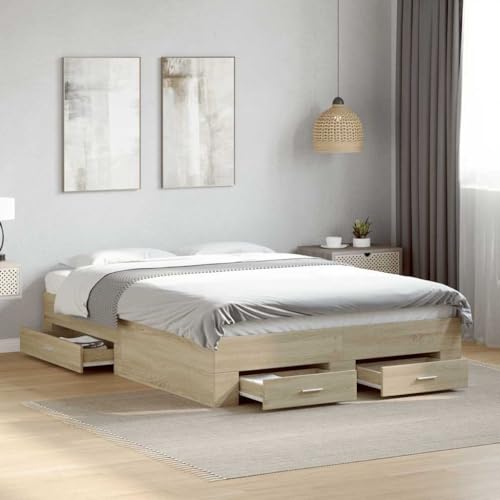 Qnhdfrt Bettgestell mit Schubladen Sonoma-Eiche 135x190cm Modernes Holzwerkstoff Bett mit Stauraum Robuste Latten und Praktischen Schubladen für Schlafzimmer von Qnhdfrt