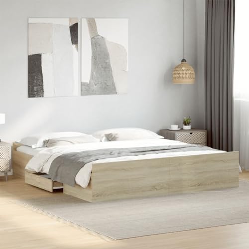 Qnhdfrt Bettgestell mit Schubladen Sonoma-Eiche 200x200cm Modernes Design mit Stauraum Langlebiges Holzwerkstoff Bett für Schlafzimmer Gästebett und Heimbett von Qnhdfrt