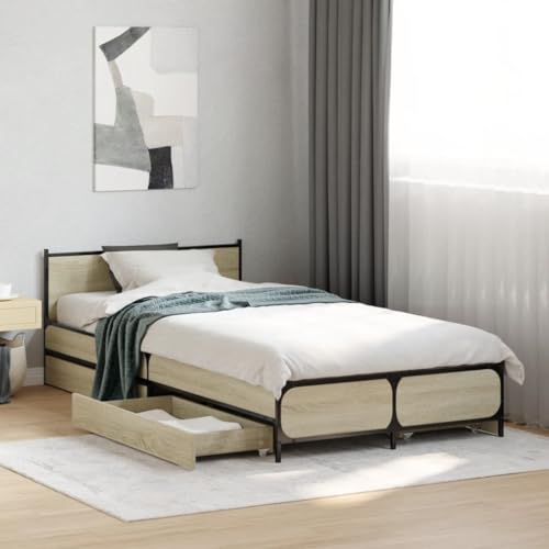 Qnhdfrt Bettgestell mit Schubladen Sonoma-Eiche 75x190 cm Holzwerkstoff & Stahl Robustes Gästebett oder Jugendbett mit Stauraum für Schlafzimmer Qnhdfrt Bettgestell mit Schubladen Sonoma-Eiche 75x190 cm Holzwerkstoff & Stahl Robustes Gästebett oder Jugendbett mit Stauraum für Schlafzimmer von Qnhdfrt