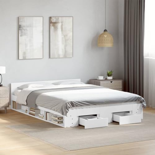 Qnhdfrt Bettgestell mit Schubladen Weiß 140x190 cm Modernes Design mit Stauraum aus Holzwerkstoff und Sperrholz Lattenrost für Schlafzimmer Gästebett Qnhdfrt Bettgestell mit Schubladen Weiß 140x190 cm Modernes Design mit Stauraum aus Holzwerkstoff und Sperrholz Lattenrost für Schlafzimmer Gästebett von Qnhdfrt
