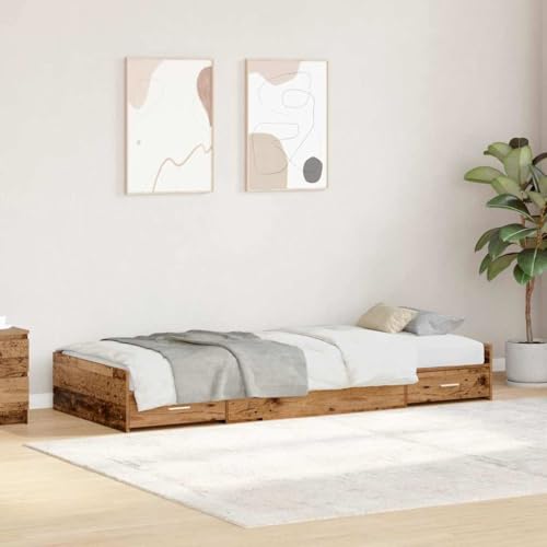 Qnhdfrt Bettgestell mit Stauraum 90x200 cm Altholz Holzwerkstoff Modernes Jugendbett Einzelbett mit 2 integrierten Schubladen Platzsparend für Gästezimmer Jugendzimmer oder kleine Schlafzimmer von Qnhdfrt