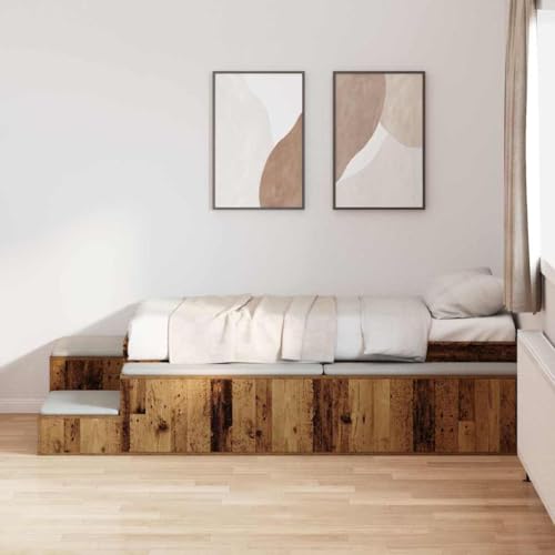 Qnhdfrt Bettgestell mit Stauraum aus Massivholz Altholz 90x190 cm Vintage Design Robust & Langlebig mit Verwitterter Oberfläche Einzelbett für Schlafzimmer von Qnhdfrt