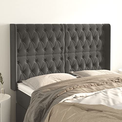 Qnhdfrt Bettkopfteil mit Ohren dunkelgrau 163x16x118/128 cm Samt Höhenverstellbar Massive Lärchenholzbeine Modernes Rückenlehne Kissen für Doppelbett Schlafzimmer Gästezimmer von Qnhdfrt