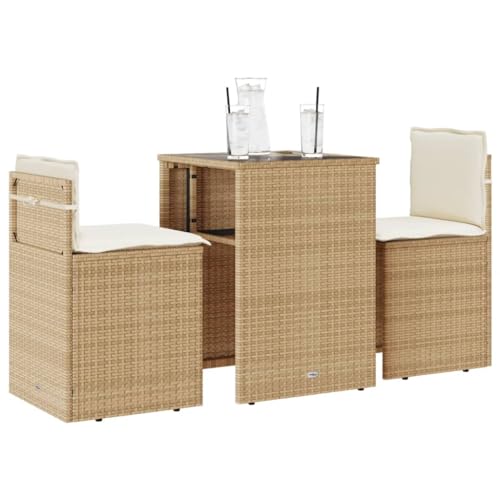Qnhdfrt Bistro Set 3 Teile Beige PE Rattan Gartentisch mit Glasplatte und 2 Stühlen mit Kissen für Garten Balkon Terrasse von Qnhdfrt