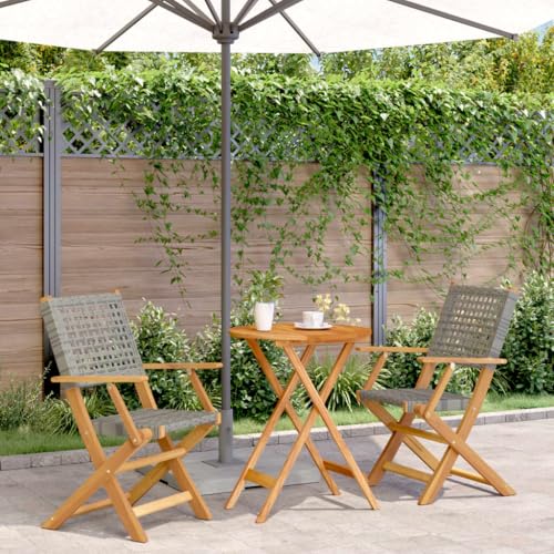 Qnhdfrt Bistro Set Grau 3 teilig Klappbarer Gartentisch und 2 Stühle aus Massivholz und PE Rattan für Balkon Garten Terrasse von Qnhdfrt