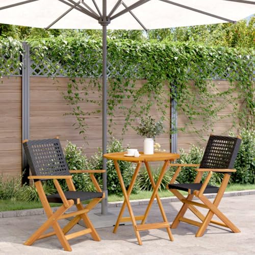 Qnhdfrt Bistro Set Schwarz Poly Rattan und Massivholz 3 teilig Klappbarer Gartentisch mit 2 Stühlen für Balkon Garten Terrasse von Qnhdfrt