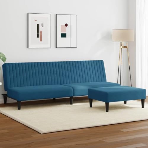 Qnhdfrt Blaue Samt Sofagarnitur Schlafsofa mit Hocker 200 cm 2-in-1 Funktion Ausziehbares Gästebett für Wohnzimmer Balkon Jugendzimmer von Qnhdfrt