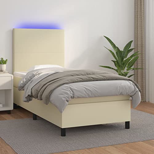 Qnhdfrt Boxspringbett 100x200 cm Creme Kunstleder LED Kopfteil höhenverstellbar Taschenfederkern für Jugendzimmer Gästezimmer von Qnhdfrt