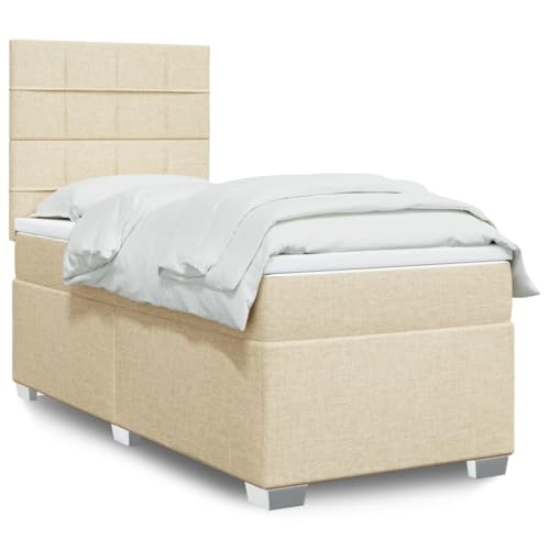 Qnhdfrt Boxspringbett 100x200 cm Creme mit LED Kopfteil verstellbar für Jugendzimmer Gästezimmer Komfortables Single Bed mit Taschenfederkern Matratze von Qnhdfrt