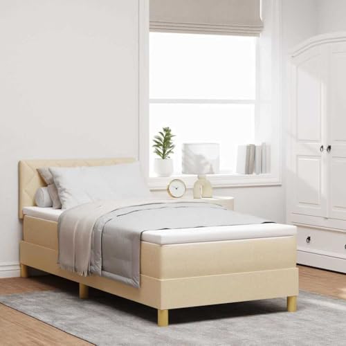 Qnhdfrt Boxspringbett Creme 100x200 cm Modernes Design mit Matratze und Topper aus Hochwertigem Polyesterstoff für Erwachsene Einzelbett mit Stabilen Holzbeinen von Qnhdfrt