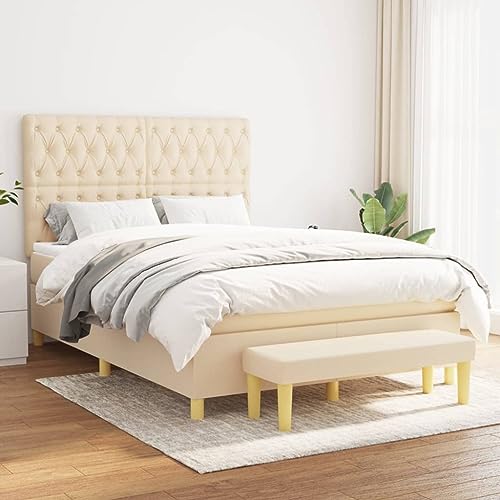Qnhdfrt Boxspringbett Creme 140x200 cm mit höhenverstellbarem Kopfteil und Taschenfederkernmatratze für erholsamen Schlaf Strapazierfähiger Stoff und multifunktionale Bank von Qnhdfrt