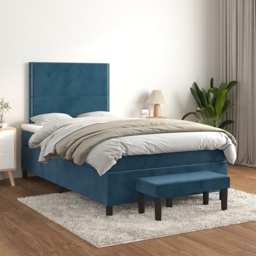 Qnhdfrt Boxspringbett Dunkelblau 120x200 cm mit Samtbezug Höhenverstellbares Kopfteil Taschenfederkernmatratze und Bank für Schlafzimmer Wohnzimmer von Qnhdfrt