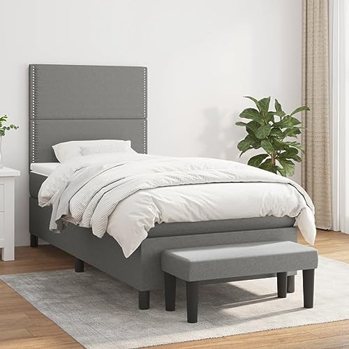 Qnhdfrt Boxspringbett Dunkelgrau 90x190 cm mit höhenverstellbarem Kopfteil und Taschenfederkernmatratze für erholsamen Schlaf Stoffbezug atmungsaktiv und langlebig inklusive Matratzenauflage und Bank von Qnhdfrt