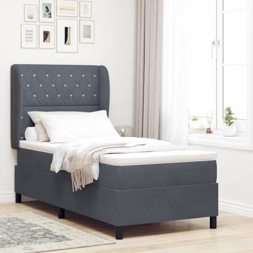 Qnhdfrt Boxspringbett Dunkelgrau 90x200 cm mit Samtbezug und Taschenfedersystem Einzelbett mit Kopfteil für modernes Schlafzimmer und Gästezimmer von Qnhdfrt