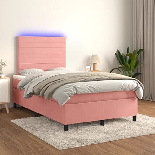 Qnhdfrt Boxspringbett Rosa 120x200 cm mit LED Beleuchtung und höhenverstellbarem Kopfteil Samtbezug Taschenfederkernmatratze für Schlafzimmer Gästebett von Qnhdfrt