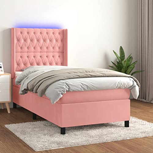 Qnhdfrt Boxspringbett Rosa 90x200 cm mit LED Beleuchtung und höhenverstellbarem Kopfteil Samtbezug Taschenfederkernmatratze für erholsamen Schlaf von Qnhdfrt