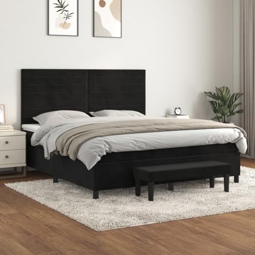 Qnhdfrt Boxspringbett Samt Schwarz 160x200 cm mit höhenverstellbarem Kopfteil Taschenfederkernmatratze und praktischer Bank für Schlafzimmer Gästezimmer von Qnhdfrt