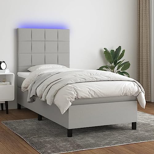 Qnhdfrt Boxspringbett mit LED Beleuchtung und Matratze Set 80x200 cm in Hellgrau aus strapazierfähigem Polyester mit höhenverstellbarem Kopfteil für Schlafzimmer und Gästezimmer von Qnhdfrt