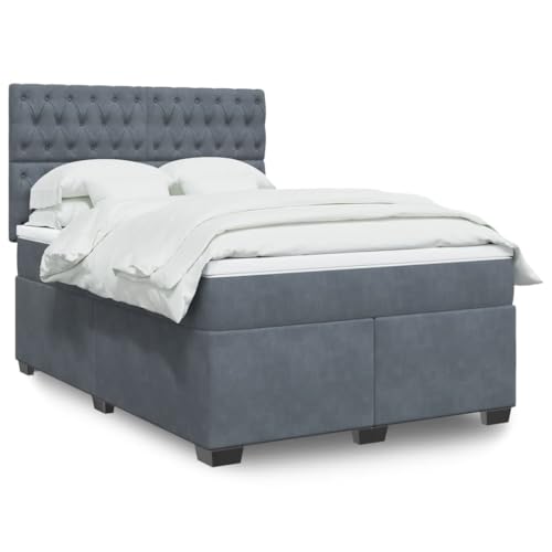 Qnhdfrt Boxspringbett mit LED Beleuchtung und höhenverstellbarem Kopfteil 140x200 cm Samtstoff Dunkelgrau Taschenfederkernmatratze für erholsamen Schlaf von Qnhdfrt