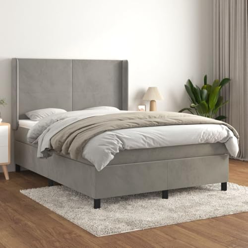 Qnhdfrt Boxspringbett mit Matratze 140x200 cm Samt Hellgrau Höhenverstellbares Kopfteil Taschenfederkernmatratze für Erholsamen Schlaf Gästebett oder Doppelbett von Qnhdfrt