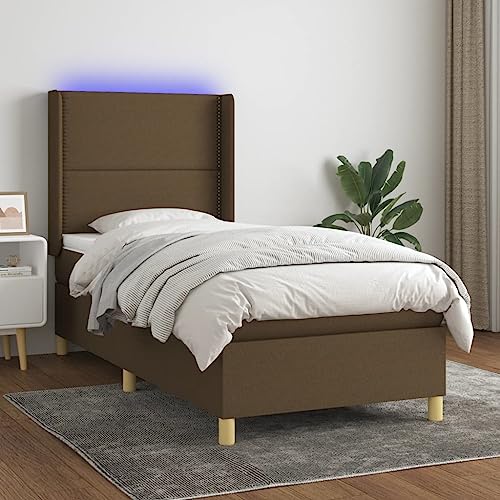 Qnhdfrt Boxspringbett mit Matratze 90x190 cm Dunkelbraun LED heimbett Kopfteil verstellbar atmungsaktiver Stoff gästebett for Schlafzimmer Jugendzimmer von Qnhdfrt