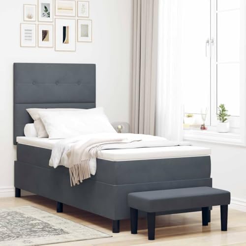 Qnhdfrt Boxspringbett mit Matratze und Bank Dunkelgrau 100x200 cm Samt Elegantes Schlafzimmer Set mit Kristall Knopfpolsterung und Stauraum für Erwachsene von Qnhdfrt