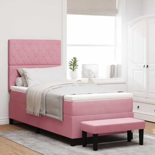 Qnhdfrt Boxspringbett mit Matratze und Bank Rosa 90x190 cm Samt Elegantes Design mit Kristallverzierungen für Schlafzimmer Gästebett oder Single Bed von Qnhdfrt
