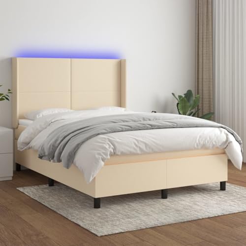 Qnhdfrt Boxspringbett mit Matratze und LED 140x190 cm Creme Stoff Kopfteil höhenverstellbar Taschenfederkernmatratze für erholsamen Schlaf im Schlafzimmer von Qnhdfrt