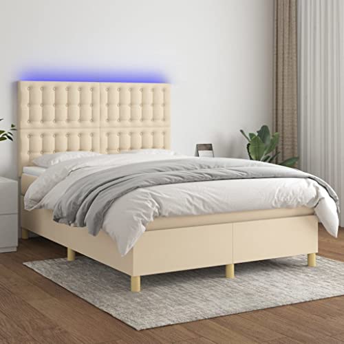 Qnhdfrt Boxspringbett mit Matratze und LED 140x200 cm Creme Stoff Kopfteil höhenverstellbar Taschenfederkernmatratze, für erholsamen Schlaf von Qnhdfrt