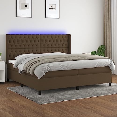 Qnhdfrt Boxspringbett mit Matratze und LED 200x200 cm Dunkelbraun Stoff Kopfteil höhenverstellbar Taschenfederkernmatratze, für erholsamen Schlaf von Qnhdfrt