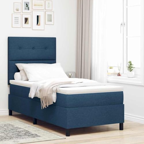 Qnhdfrt Boxspringbett mit Matratze und LED Beleuchtung 90x200 cm Modernes Design mit Blauem Stoff und Gepolstertem Kopfteil Robuste Kiefernholzkonstruktion für Erwachsene Schlafzimmer von Qnhdfrt