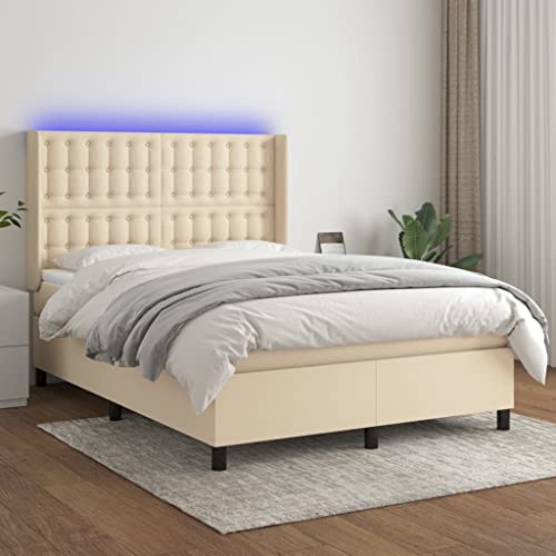 Qnhdfrt Boxspringbett mit Matratze und LED Creme 140x190 cm Stoff Kopfteil höhenverstellbar Taschenfederkernmatratze für erholsamen Schlaf von Qnhdfrt