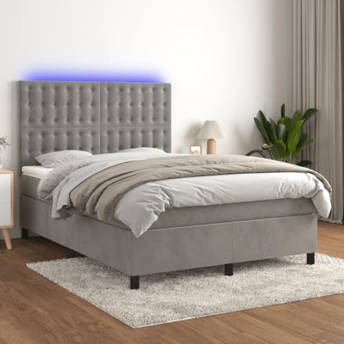 Qnhdfrt Boxspringbett mit Matratze und LED in Hellgrau 140x190 cm Samt Kopfteil höhenverstellbar Taschenfederkernmatratze für erholsamen Schlaf von Qnhdfrt
