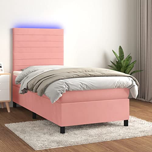 Qnhdfrt Boxspringbett mit Matratze und LED in Rosa 100x200 cm Samt Kopfteil höhenverstellbar Taschenfederkernmatratze und Bunte LED Beleuchtung für Schlafzimmer von Qnhdfrt