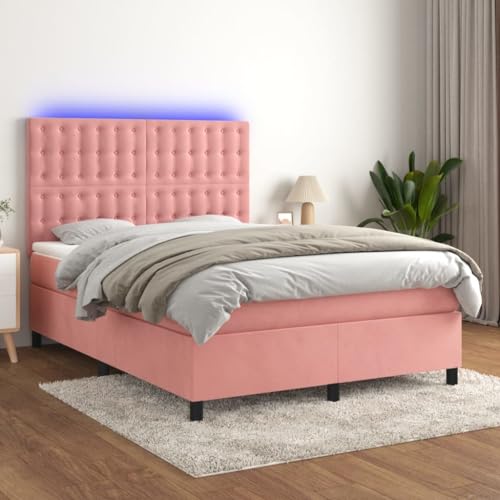 Qnhdfrt Boxspringbett mit Matratze und LED in Rosa 140x190 cm Samtbezug Höhenverstellbares Kopfteil Taschenfederkernmatratze für erholsamen Schlaf von Qnhdfrt