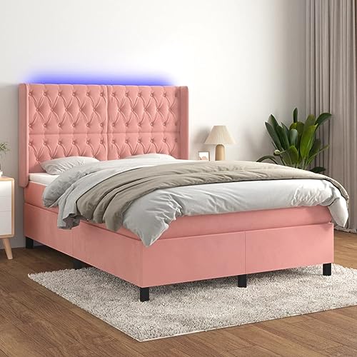 Qnhdfrt Boxspringbett mit Matratze und LED in Rosa 140x200 cm Samt Kopfteil höhenverstellbar Taschenfederkernmatratze und atmungsaktive Auflage für erholsamen Schlaf von Qnhdfrt