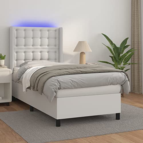 Qnhdfrt Boxspringbett mit Matratze und LED in Weiß 80x200 cm Kunstleder Höhenverstellbares Kopfteil Taschenfederkernmatratze für Schlafzimmer Gästebett von Qnhdfrt