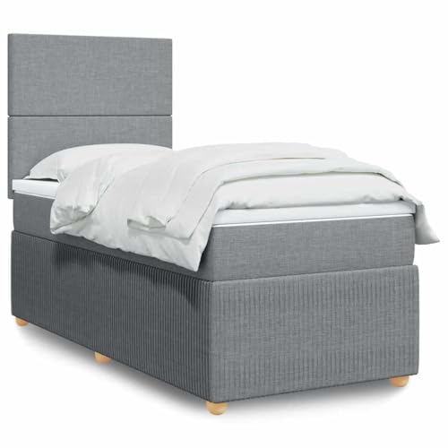 Qnhdfrt Boxspringbett mit Taschenfederkernmatratze und LED Beleuchtung 100x200 cm Höhenverstellbares Kopfteil Hellgrau aus Polyester für Schlafzimmer Gästebett und Heimbett von Qnhdfrt
