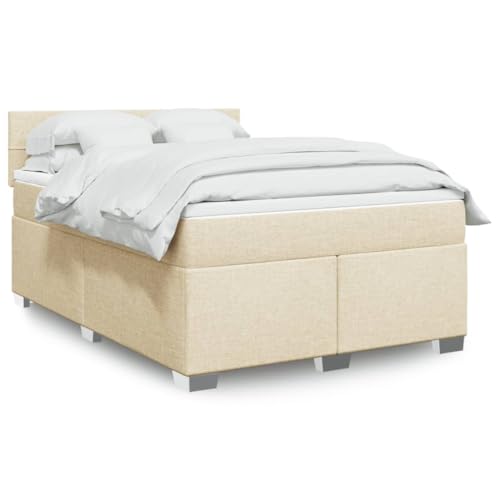 Qnhdfrt Boxspringbett mit Taschenfederkernmatratze und LED-Beleuchtung 140x200 cm Creme Stoff Polyester Mittelhart für Schlafzimmer Gästebett Doppelbett von Qnhdfrt