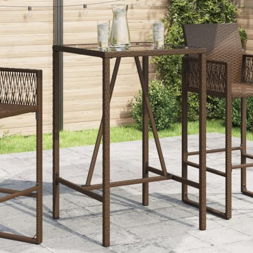 Qnhdfrt Brauner Garten-Bartisch mit schwarzer Glasplatte Outdoor Bar Tisch 70x70x110 cm Poly Rattan für Terrasse Balkon Garten Camping von Qnhdfrt