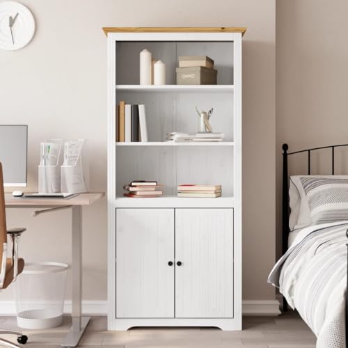 Qnhdfrt Bücherregal BODO Weiß Braun Massivholz Kiefer 82x40x173 cm mit Türen Französisches Design Schrank für Wohnzimmer Büro Aufbewahrung von Qnhdfrt