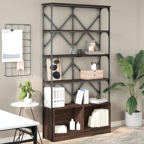 Qnhdfrt Bücherregal Braun Eiche 100x26x180 cm Schmal Hoch Regalsystem aus Holzwerkstoff und Metall mit Verstellbaren Füßen Stauraum für Wohnzimmer von Qnhdfrt