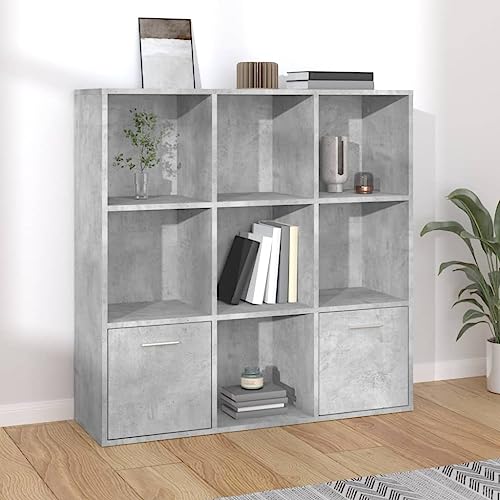Qnhdfrt Bücherregal Schmal Hoch Betongrau 98x30x98 cm aus Holzwerkstoff mit 7 Würfeln und 2 Türen für Wohnzimmer Aufbewahrung von Qnhdfrt
