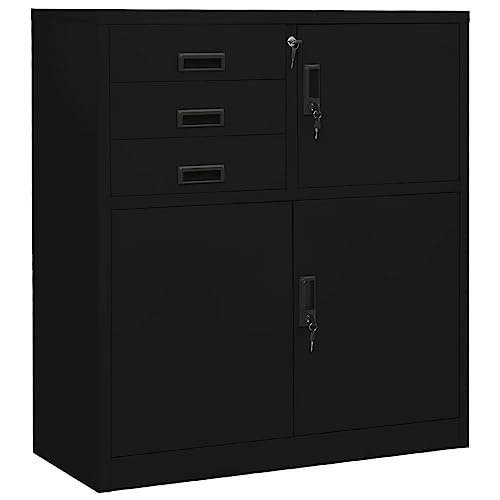Qnhdfrt Büroschrank Aktenschrank Schwarz Stahl 90x40x102 cm mit Schubladen Schließfach Robust Langlebig für Büro Aufbewahrung von Qnhdfrt