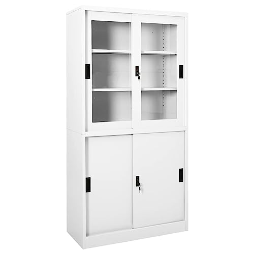 Qnhdfrt Büroschrank Weiß mit Schiebetüren aus Stahl und Glas 90x40x180 cm Aktenschrank mit 3 Böden und Schlössern für Ordentliche Aufbewahrung von Qnhdfrt