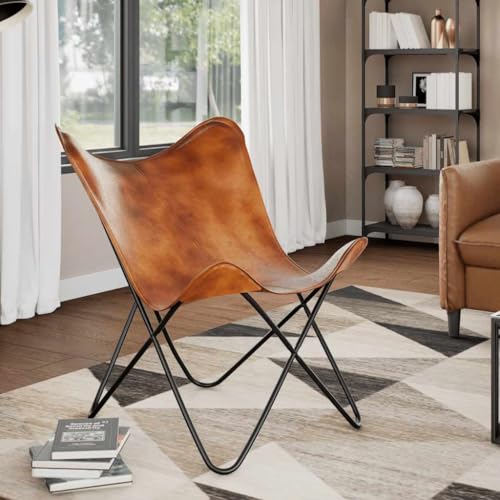 Qnhdfrt Butterfly Design Echtleder Sessel Braun Retro Wohnzimmer Sessel mit Eisenrahmen – Handgefertigter Loungesessel für Entspannung, Leseecke oder Schlafzimmer von Qnhdfrt