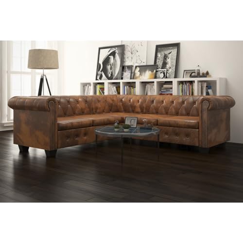 Qnhdfrt Chesterfield Ecksofa 5-Sitzer Braun Kunstleder mit Dicker Polsterung und eleganten Armlehnen für Wohnzimmer und Büro als Bequeme Couch Qnhdfrt Chesterfield Ecksofa 5-Sitzer Braun Kunstleder mit Dicker Polsterung und eleganten Armlehnen für Wohnzimmer und Büro als Bequeme Couch von Qnhdfrt