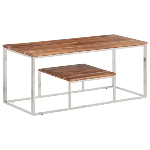 Qnhdfrt Couchtisch Beistelltisch Silber Edelstahl und Massivholz Akazie Modernes Design 110x45x45 cm für Wohnzimmer Schlafzimmer Flur von Qnhdfrt