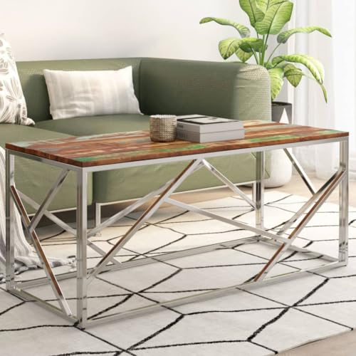 Qnhdfrt Couchtisch Beistelltisch Silbern Edelstahl mit Massiv Altholz Tischplatte Modern Schlicht Design Robust und Stabil für Wohnzimmer Schlafzimmer Deko Größe 110x45x45 cm Qnhdfrt Couchtisch Beistelltisch Silbern Edelstahl mit Massiv Altholz Tischplatte Modern Schlicht Design Robust und Stabil für Wohnzimmer Schlafzimmer Deko Größe 110x45x45 cm von Qnhdfrt